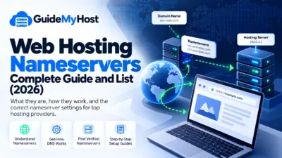 web hosting nameservers, nameservers, how to change nameservers, nameservers vs DNS records, custom nameservers, private nameservers, DNS propagation, DNS records, Bluehost nameservers, DreamHost nameservers, Namecheap nameservers, GreenGeeks nameservers, A2 Hosting nameservers, hosting.com nameservers, WP Engine nameservers, Cloudways nameservers, Crazy Domains nameservers, change nameservers at GoDaddy, nameserver email settingsWeb hosting nameservers connecting a domain name to a hosting server, DNS lookup process from browser to resolver, root, registry and nameserver, Nameservers shown as a filing cabinet and DNS records as the files inside, Nameserver quick reference for eight web hosting providers, GoDaddy nameserver settings with the custom nameservers option selected, Namecheap nameserver drop-down menu with Custom DNS selected, Email DNS records to copy before changing nameservers